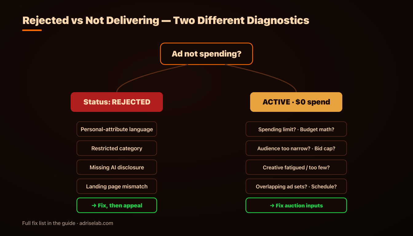 Diagnostic flowchart for Facebook ads that are rejected or not delivering